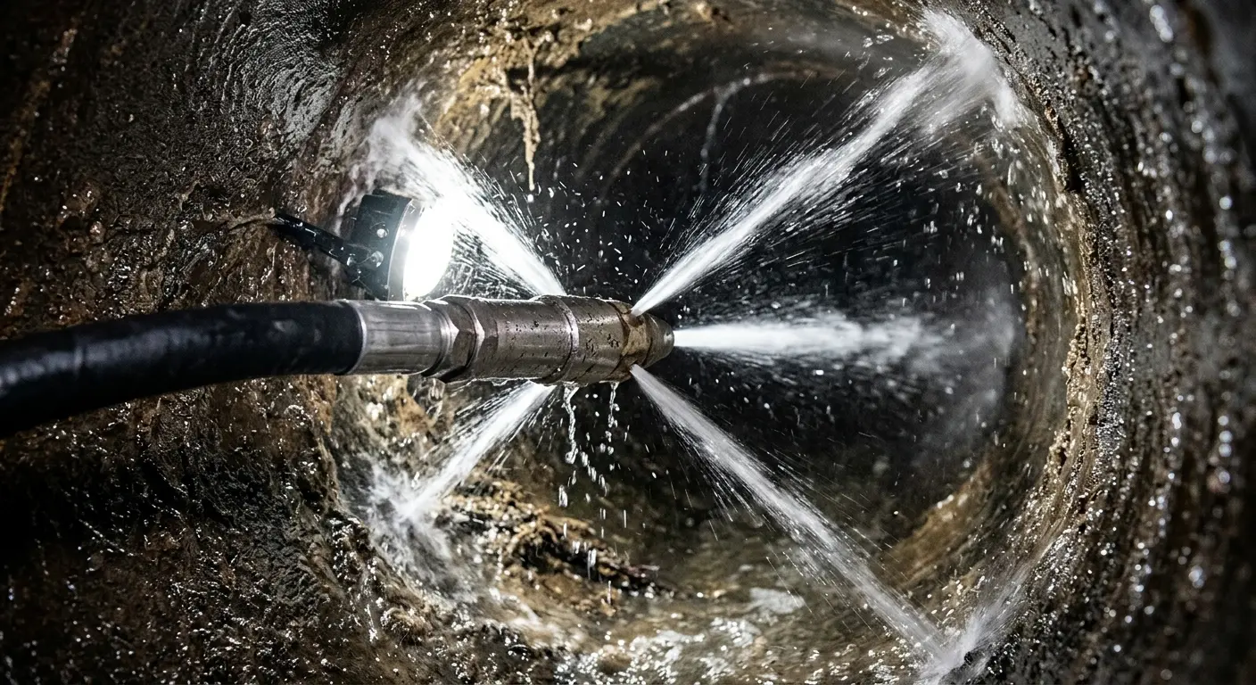 High-pressure hydro jetting nozzle cleaning sewer pipe for Sewer Cleanout in Huntertown
