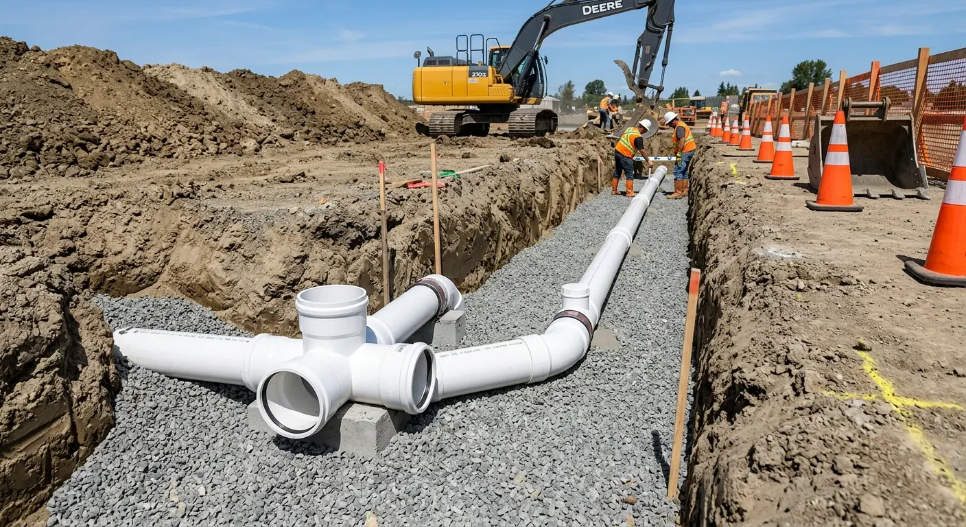 New PVC sewer pipe installation in open trench for Commercial Drain Cleaning in Huntertown