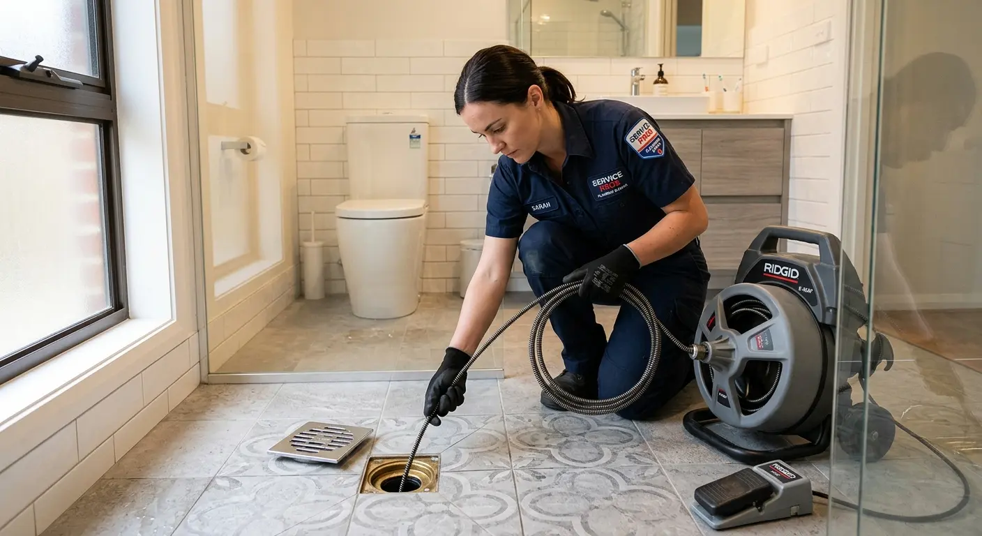 Technician clearing a bathroom floor drain for Sewer Line Replacement in Huntertown